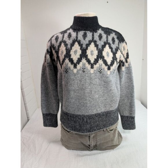 Monrow Sweaters - MONROW Mock Neck Fair Isle Sweater small Black White Gray Wool Alpaca Blend S13